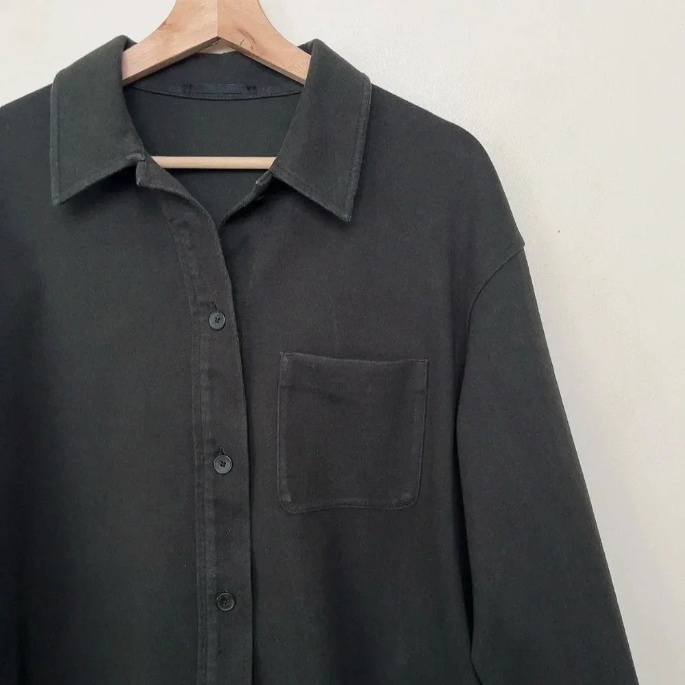 Uniqlo Womens Medium Dark Olive Brush Jersey Button Oversized Shirt - Picture 5 of 15